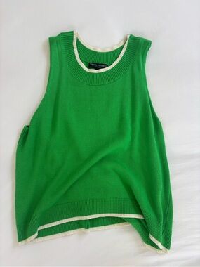 Central Park West Emerald Green Knit V-Neck Vest with Cream Trim